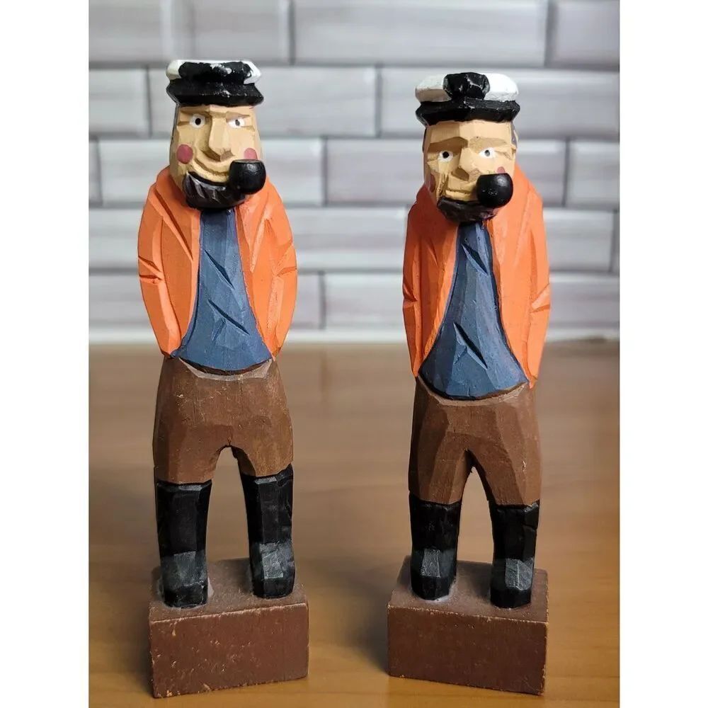 2 Wooden Carved Fisherman #A49